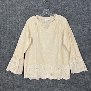 Belle by Kim Gravel Daisy Pop Embroidered Blouse Womens Size XS Bohemian Beige